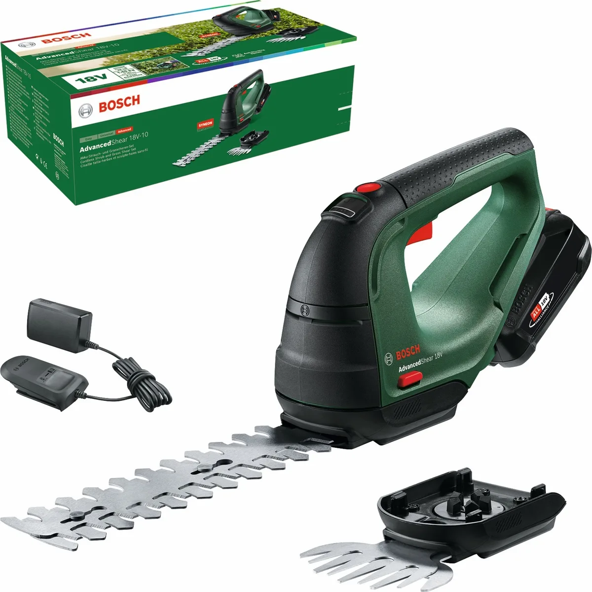 Аккумуляторные ножницы для травы Bosch AdvancedShear 18V-10 с насадкой для кустореза 10/20 см, шаг реза 8 мм, комплект: 1xPBA 1x20А