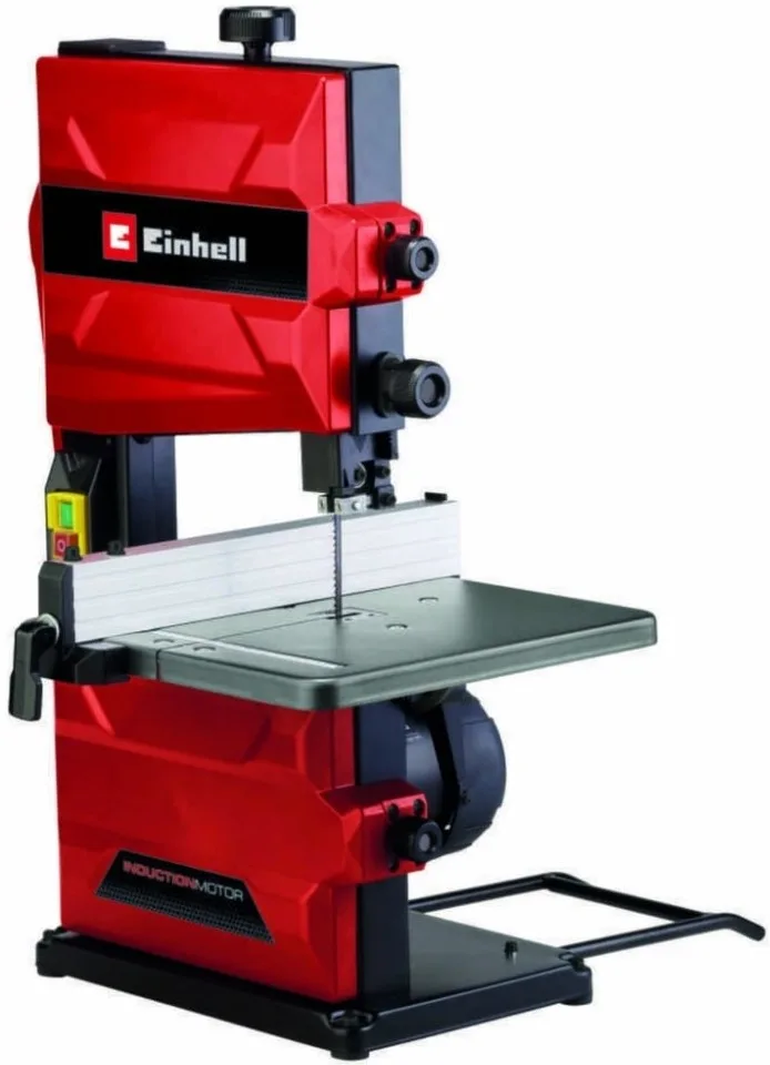Стрічкова пила Einhell TC-SB 200/1, 250 Вт, 1400 об/хв, швидкість 900 м/хв, розмір столу 305x305 мм, виліт 200 мм, вага 15.8 кг.