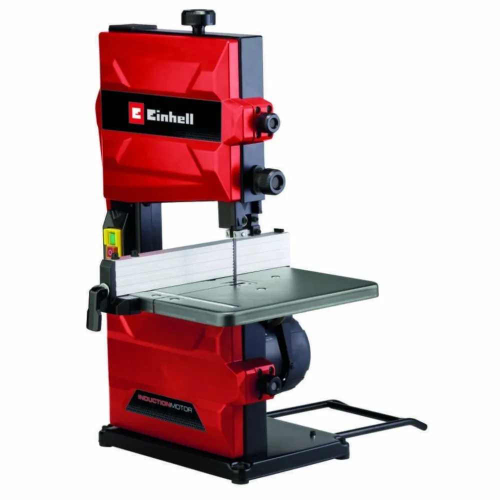 Стрічкова пила Einhell TC-SB 200/1, 250 Вт, 1400 об/хв, швидкість 900 м/хв, розмір столу 305x305 мм, виліт 200 мм, вага 15.8 кг.