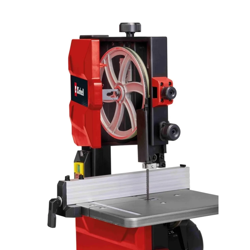 Стрічкова пила Einhell TC-SB 200/1, 250 Вт, 1400 об/хв, швидкість 900 м/хв, розмір столу 305x305 мм, виліт 200 мм, вага 15.8 кг.