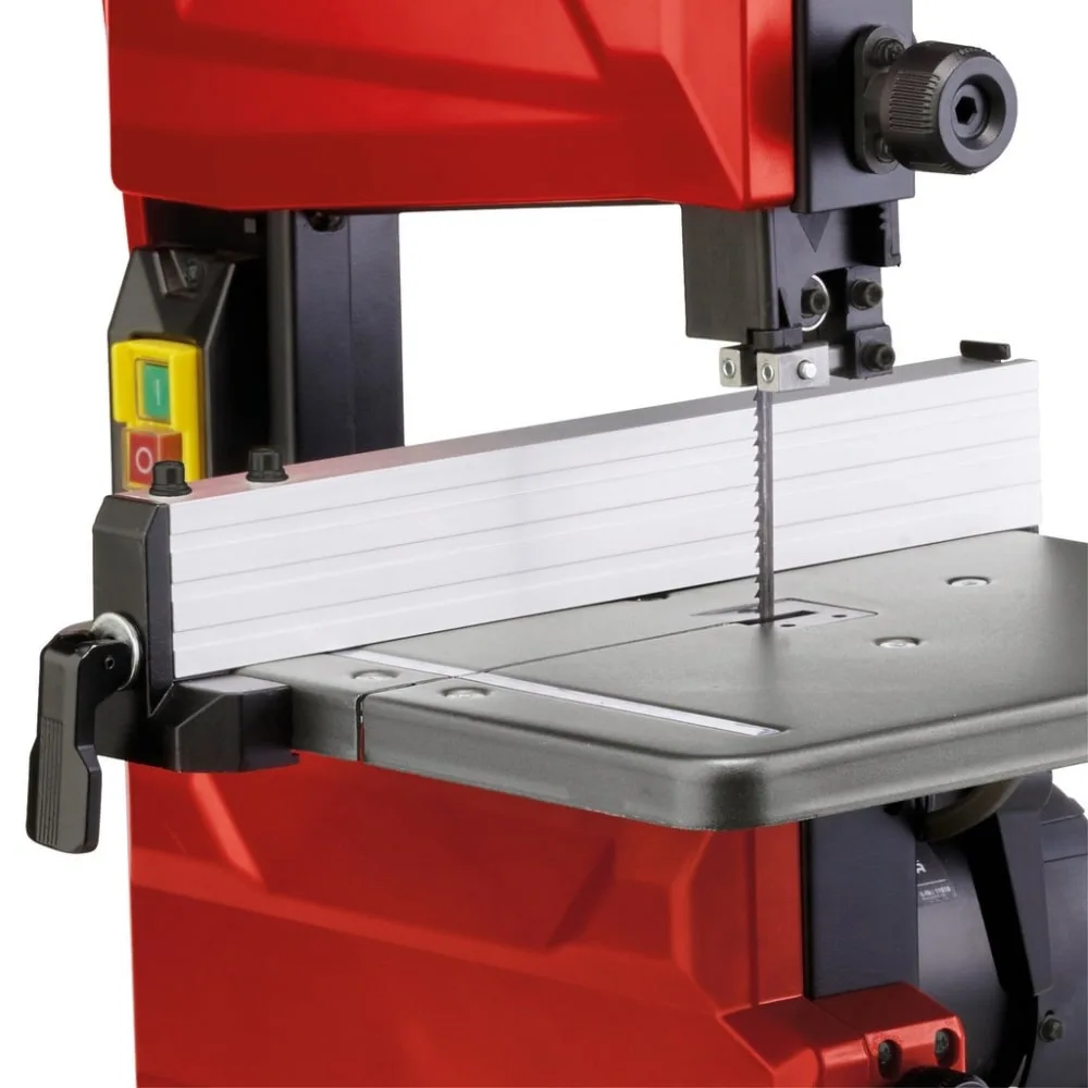 Стрічкова пила Einhell TC-SB 200/1, 250 Вт, 1400 об/хв, швидкість 900 м/хв, розмір столу 305x305 мм, виліт 200 мм, вага 15.8 кг.