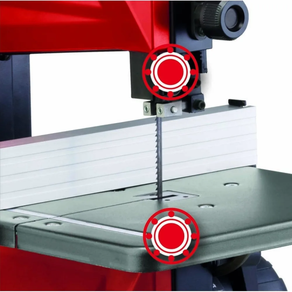Стрічкова пила Einhell TC-SB 200/1, 250 Вт, 1400 об/хв, швидкість 900 м/хв, розмір столу 305x305 мм, виліт 200 мм, вага 15.8 кг.