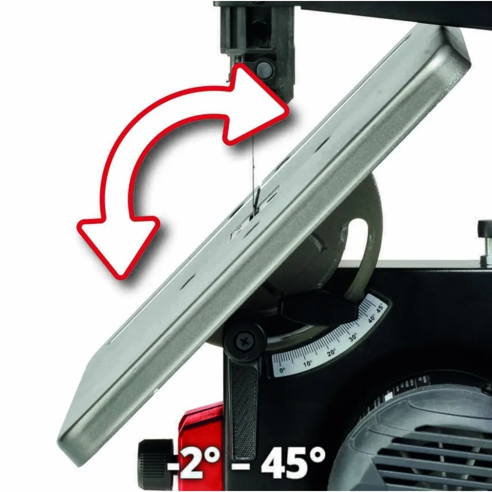 Стрічкова пила Einhell TC-SB 200/1, 250 Вт, 1400 об/хв, швидкість 900 м/хв, розмір столу 305x305 мм, виліт 200 мм, вага 15.8 кг.