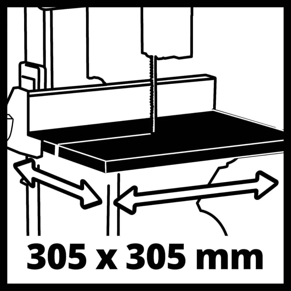 Стрічкова пила Einhell TC-SB 200/1, 250 Вт, 1400 об/хв, швидкість 900 м/хв, розмір столу 305x305 мм, виліт 200 мм, вага 15.8 кг.