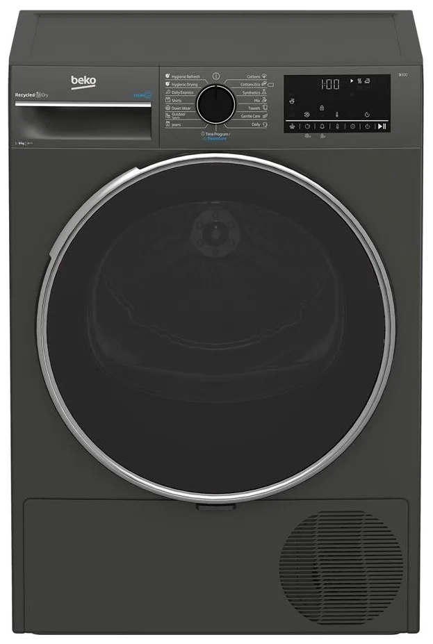 Сушильна машина Beko з тепловим насосом, 8 кг, клас енергоспоживання A++, 60 см, з дисплеєм і підсвіткою барабана, сірого кольору.