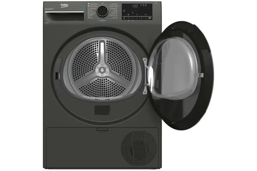 Сушильна машина Beko з тепловим насосом, 8 кг, клас енергоспоживання A++, 60 см, з дисплеєм і підсвіткою барабана, сірого кольору.