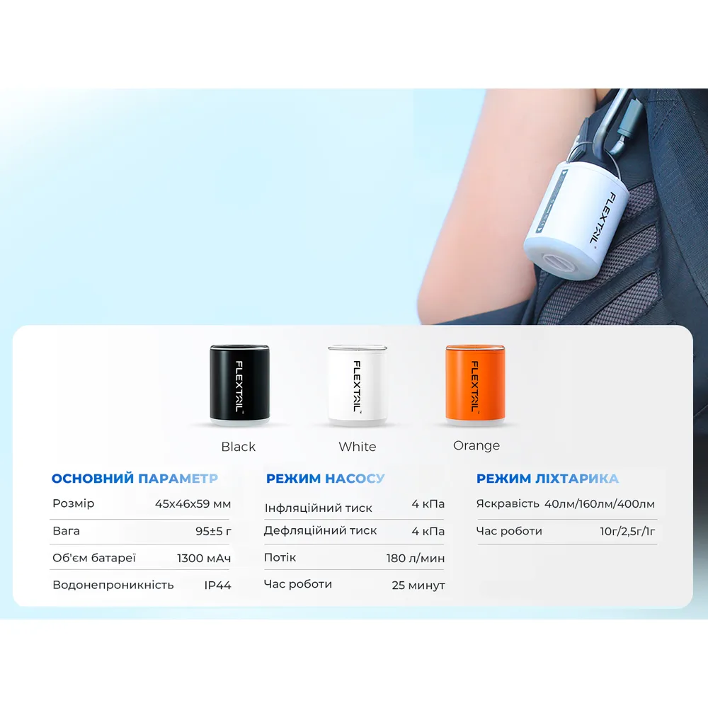 Насос ліхтар Flextail 45х46х59 мм чорний 3 в 1 для кемпінгу