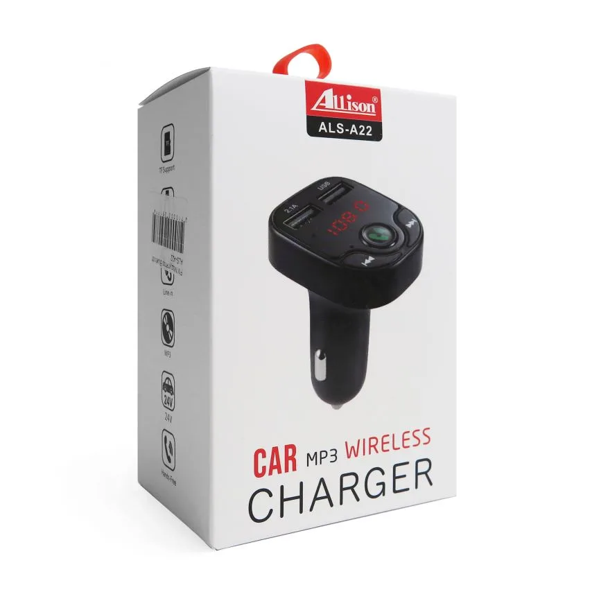 FM-трансмітер Bluetooth чорний пластик 4 порти 2 USB 2,1А