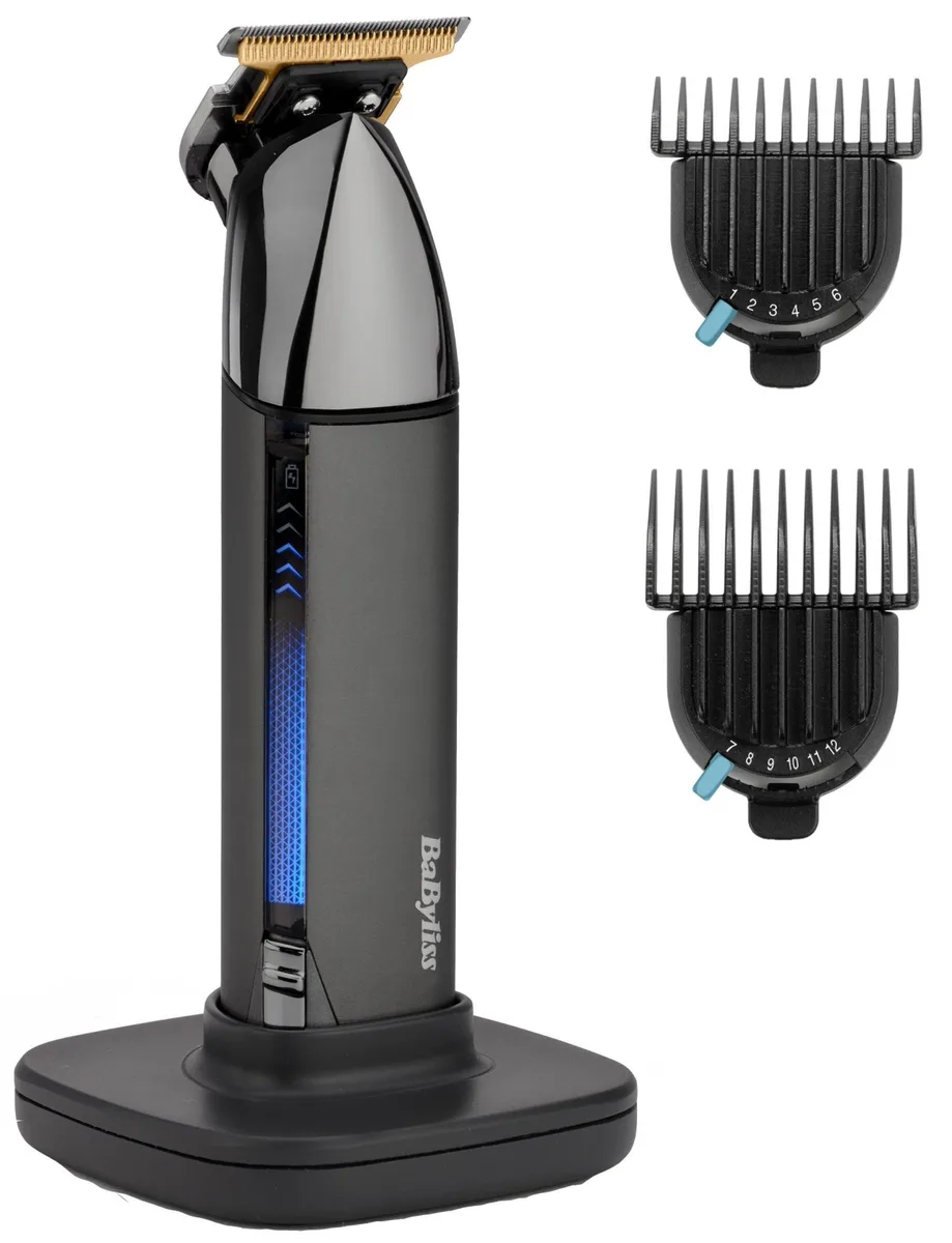 Тример Babyliss Super-X Metal Black Edition для бороди та вусів, акумуляторний, з двома насадками, кейсом та підставкою, з нержаві