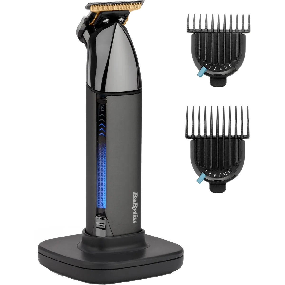 Тример Babyliss Super-X Metal Black Edition для бороди та вусів, акумуляторний, з двома насадками, кейсом та підставкою, з нержаві