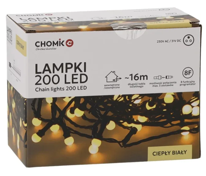 Гірлянда електрична Chomik LED 200 шт 16 м зелений теплий білий