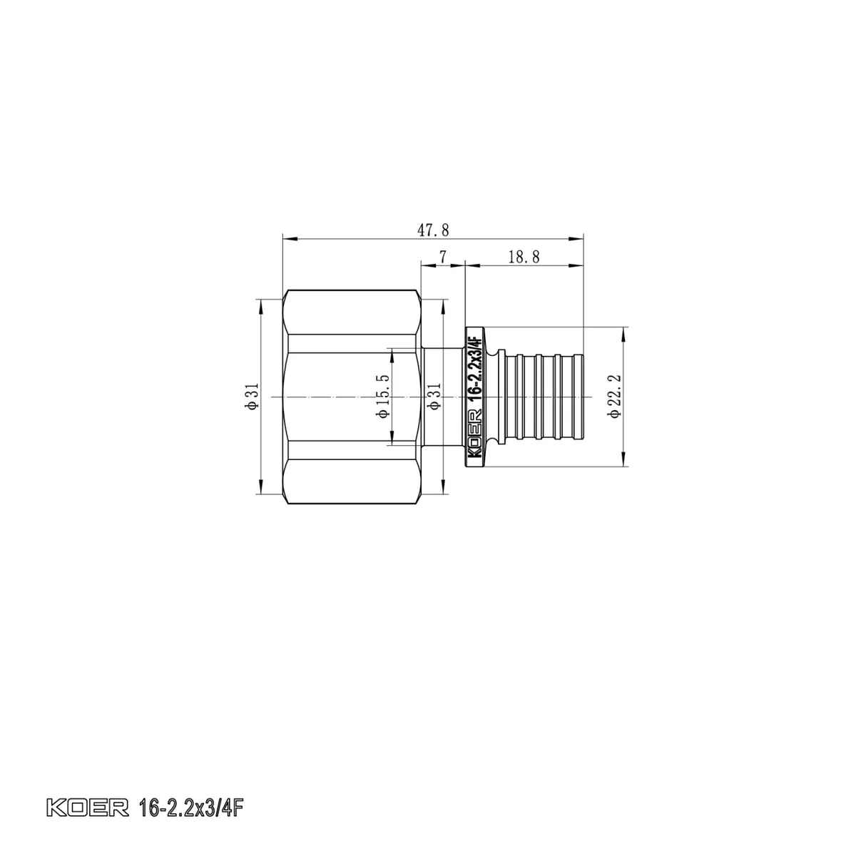 Перехідник Koer латунь 16мм x 3/4"F