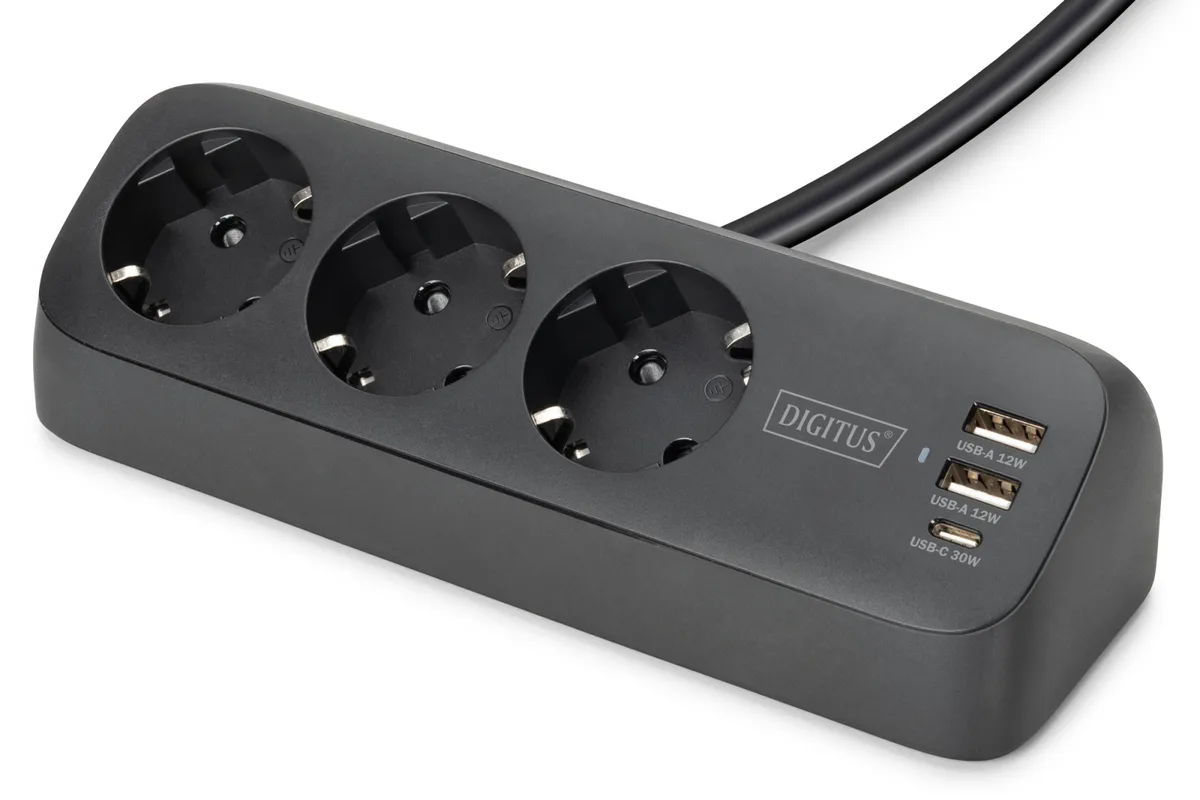 Блок розеток DIGITUS Office, 3xSchuko, 2xUSB-A, 1xUSB-C, 16A, 1.5м, вилка Schuko, чорний