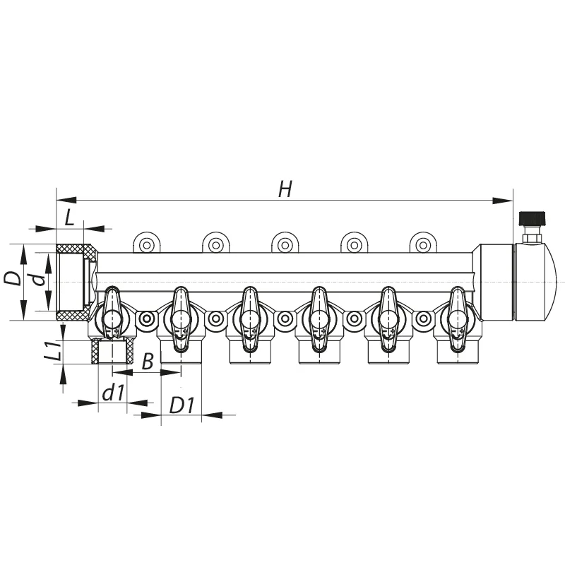 Колектор 6-way KOER PPR 40x20 сірий з кульовими кранами
