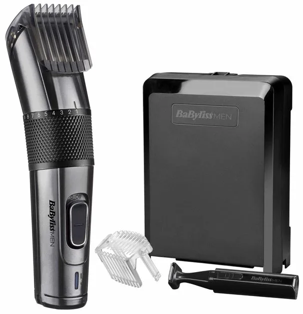 Машинка для стрижки Babyliss, аккумуляторная и сетевая, с вибрационным мотором, одной насадкой, триммером, кейсом, титановым покрытием, черного цвета.
