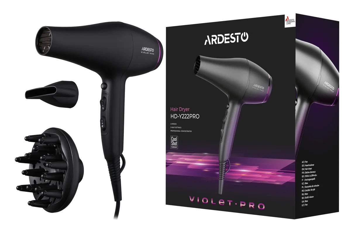 Фен ARDESTO Violet PRO HD-Y222PRO, мощность 1850-2200Вт, 2 скорости, 3 температурных режима, диффузор, черный
