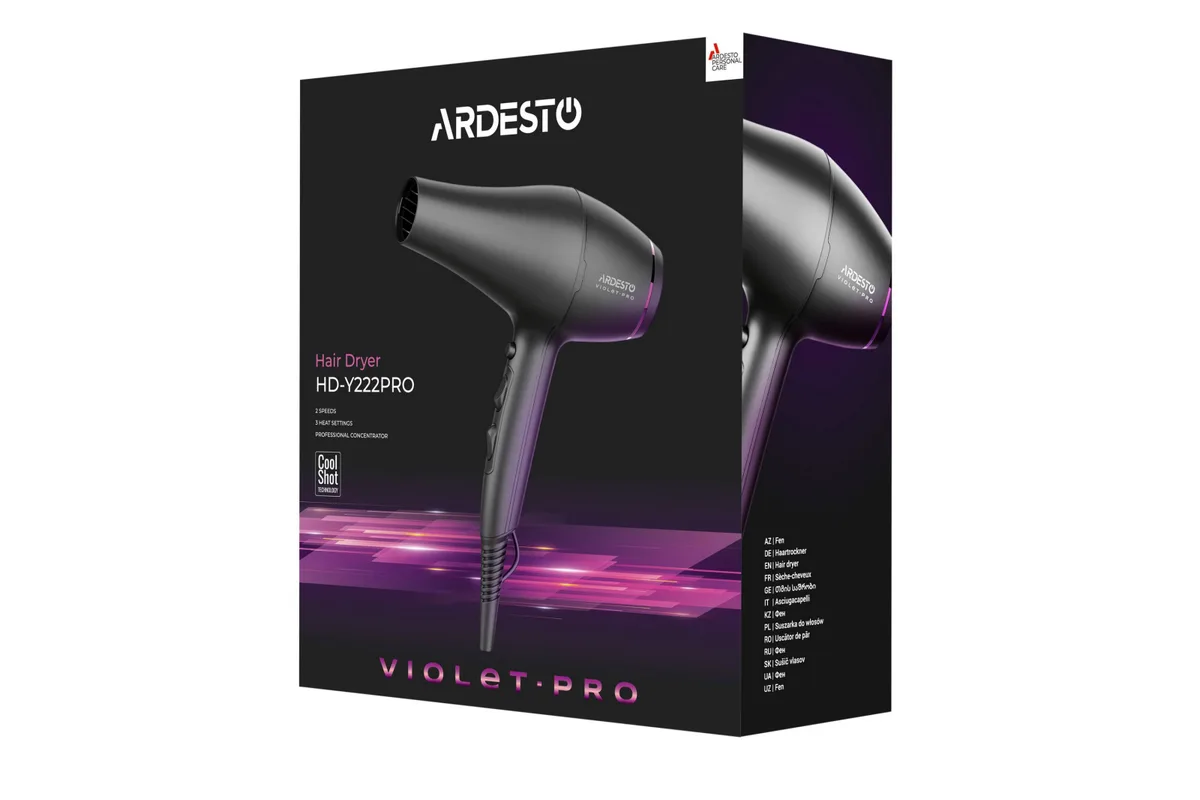 Фен ARDESTO Violet PRO HD-Y222PRO, мощность 1850-2200Вт, 2 скорости, 3 температурных режима, диффузор, черный