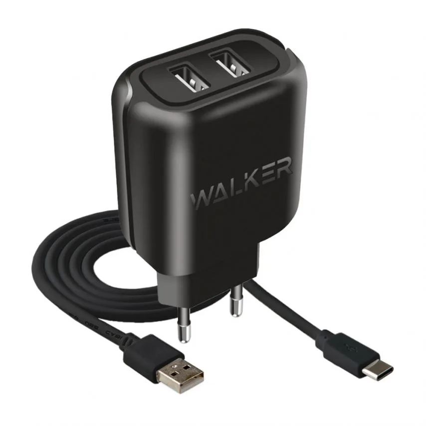 Мережевий зарядний пристрій WALKER пластик 67х47х25 мм чорний 2USB 2.1A Type-C