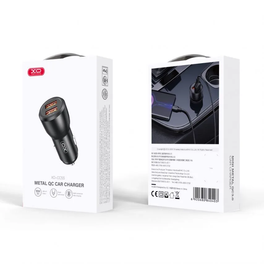 Автомобильное зарядное устройство XO металл 2USB 18W черное
