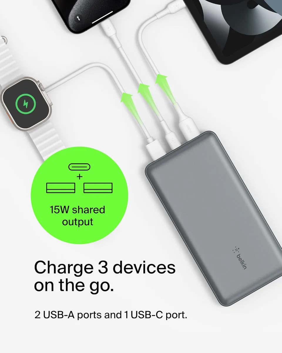Акумулятор портативний літій-іонний Power Bank Belkin 20000мА·год, 15Вт, 2хUSB-A/USB-C, cірий