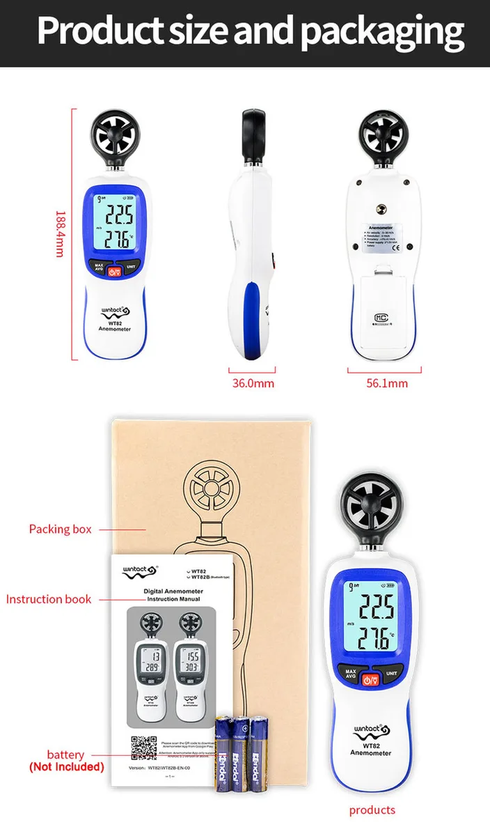 Анемометр крильчатий WINTACT WT82B 0,3-30 м/с пластик компактний чорний