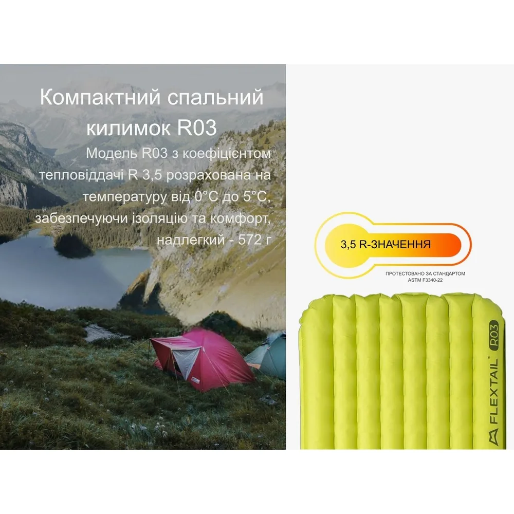 Килимок самонадувний Flextail 20D нейлон 196х65х7 см зелений