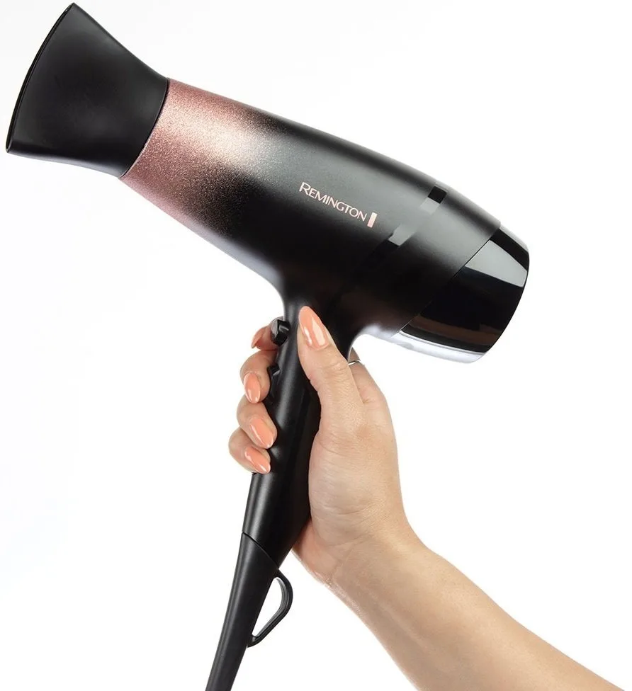 Фен Remington Rose Shimmer, 2200Вт, 3 скорости, диффузор, ионизация, холодный обдув, черный с розовыми акцентами