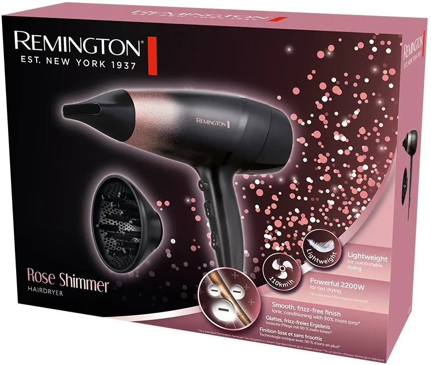 Фен Remington Rose Shimmer, 2200Вт, 3 скорости, диффузор, ионизация, холодный обдув, черный с розовыми акцентами