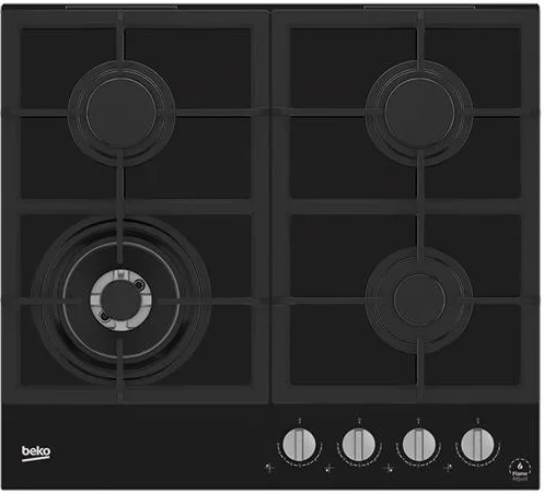 Газова варильна поверхня Beko на скляній основі, 60 см, з чавунними решітками, чорного кольору.