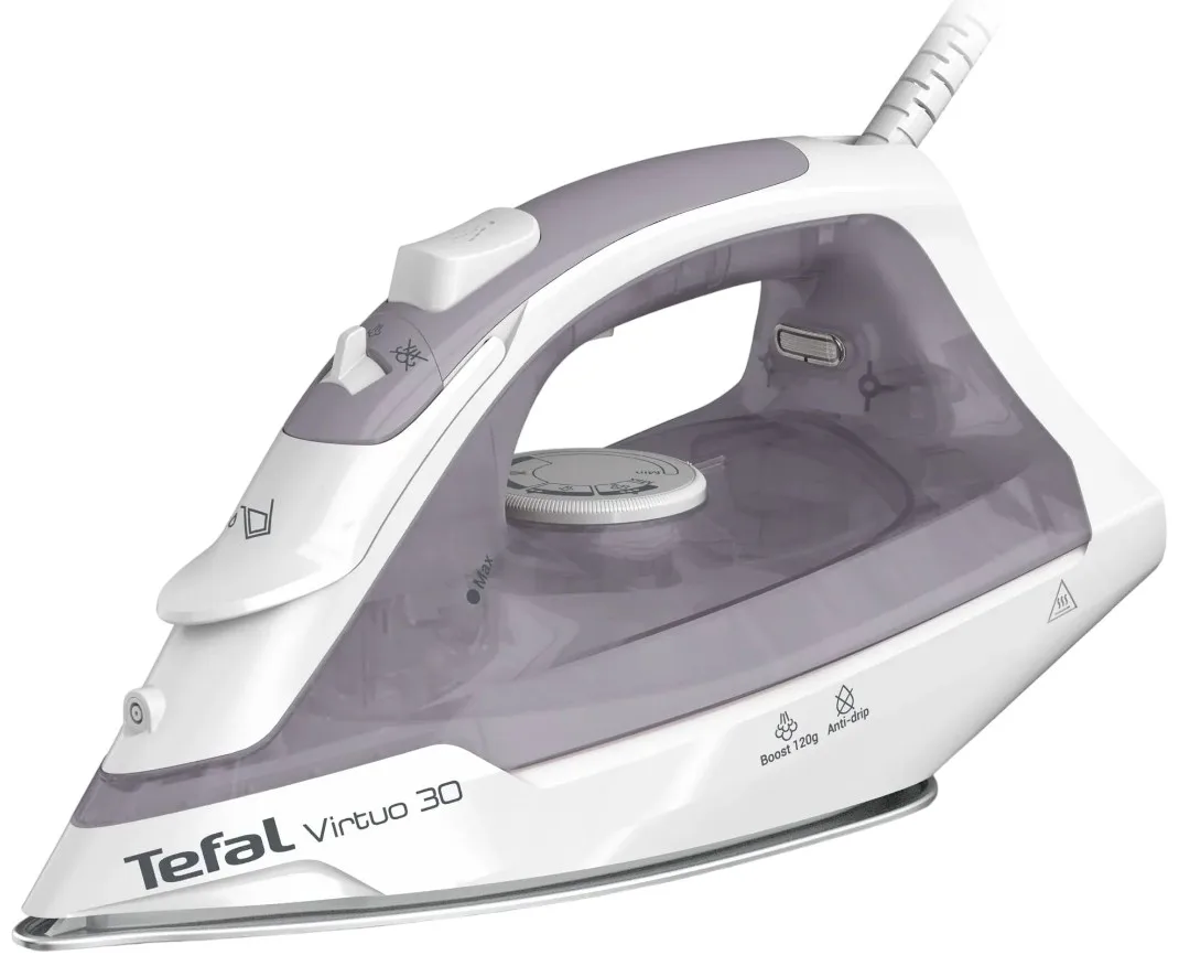 Праска Tefal Virtuo 30, 2000Вт, 240мл, потужний паровий удар - 120°C, постійна подача пари - 27г/хв, керамічна підошва, сіро-фіоле