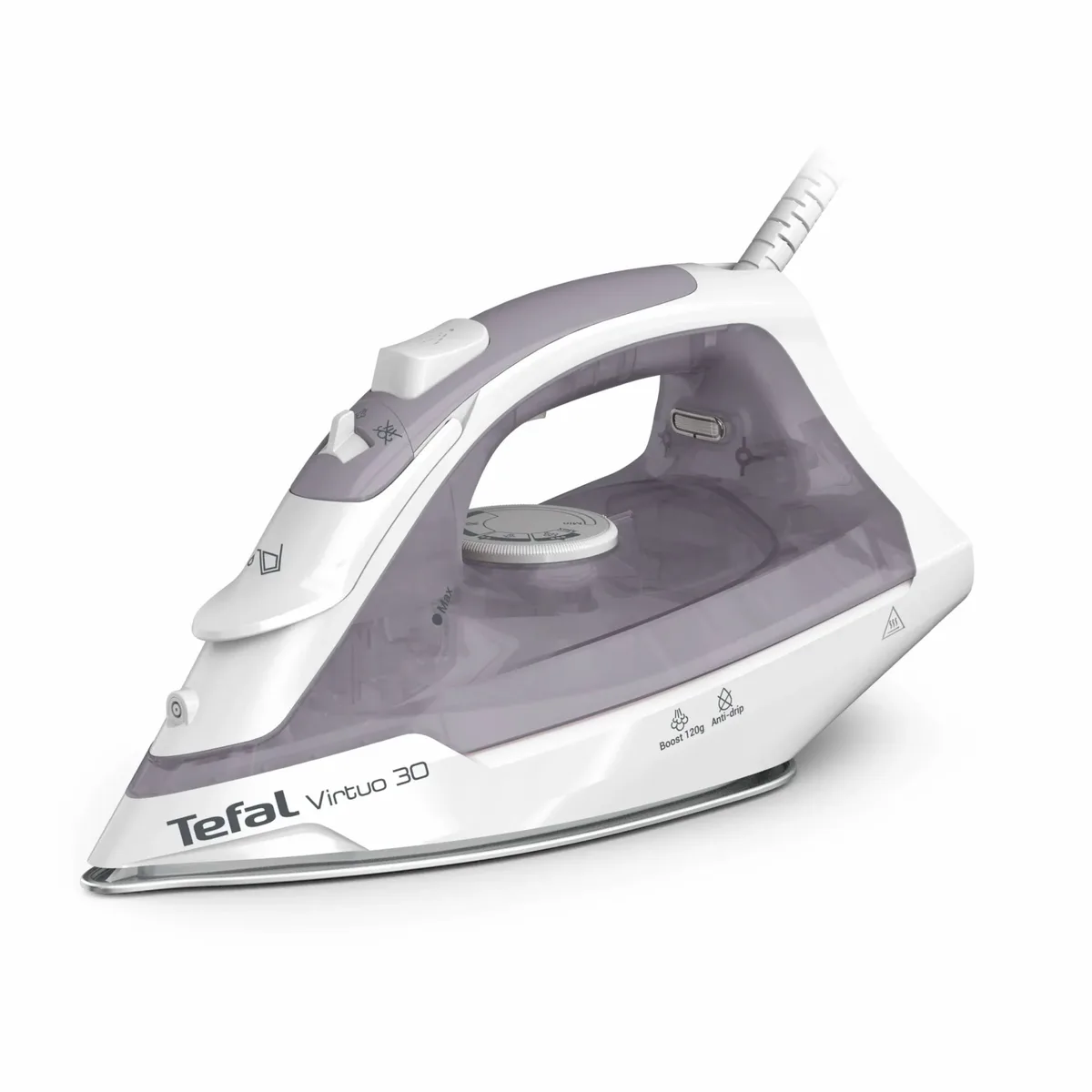 Праска Tefal Virtuo 30, 2000Вт, 240мл, потужний паровий удар - 120°C, постійна подача пари - 27г/хв, керамічна підошва, сіро-фіоле