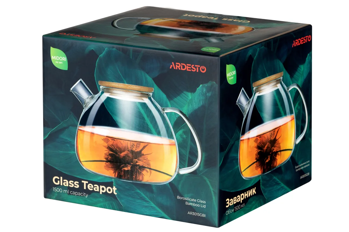 Заварник ARDESTO Midori Bubble, 1500 мл, з боросилікатного скла та бамбуковими елементами, прозорий.