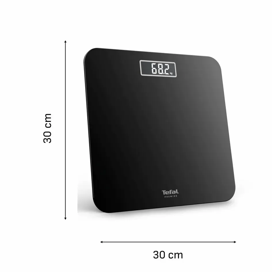 Ваги підлогові Tefal Premiss, максимальна вага 160 кг, батарейки AAAx2 в комплекті, скляна поверхня, чорного кольору.