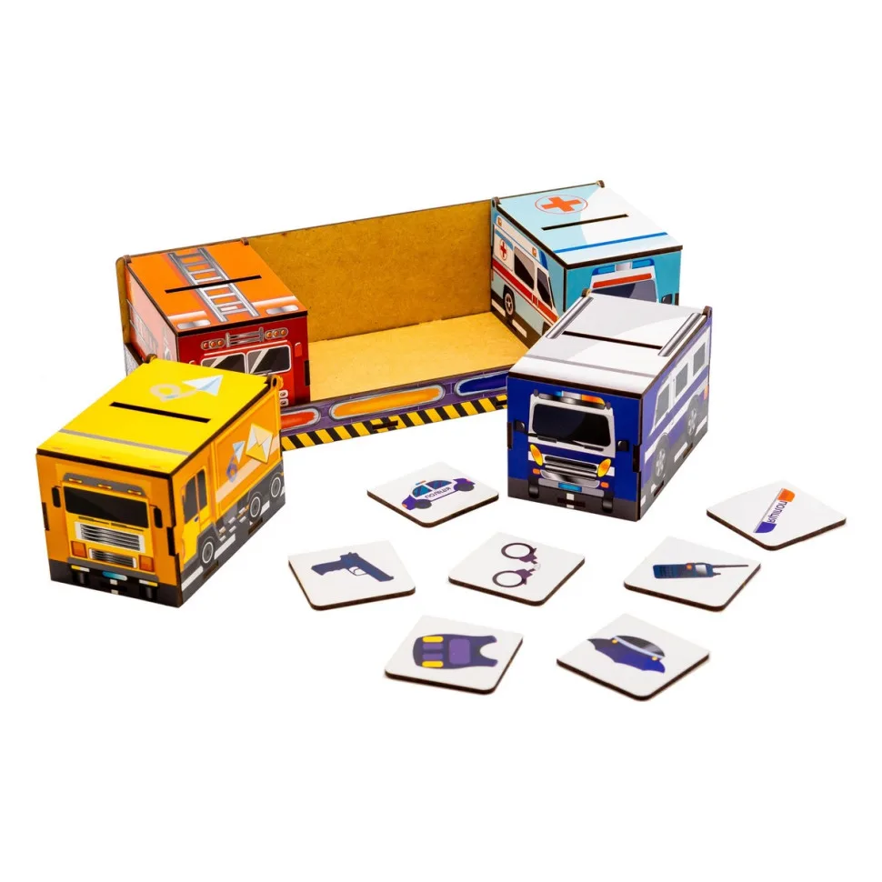 Детский сортер Монтессори PuzzleOK деревянный 4 коробочки цветные машины