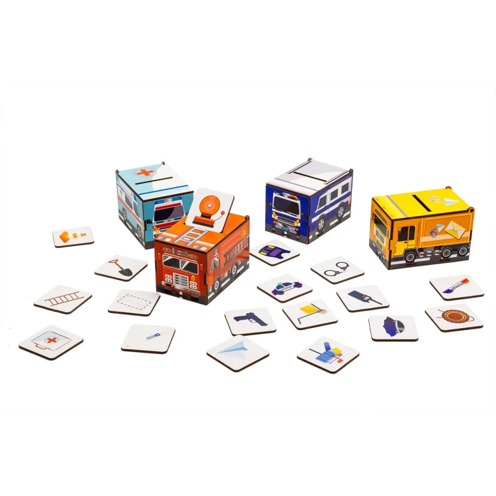 Детский сортер Монтессори PuzzleOK деревянный 4 коробочки цветные машины