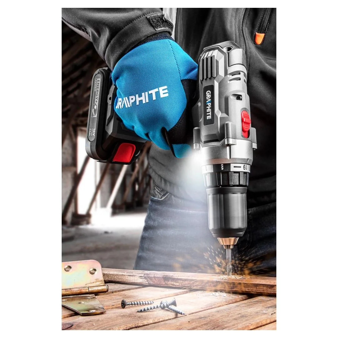 Електричний шуруповерт-дриль GRAPHITE Energy + 18В 35·55Нм 0-350·1250об/хв 1.3кг без акумулятора та зарядного пристрою.