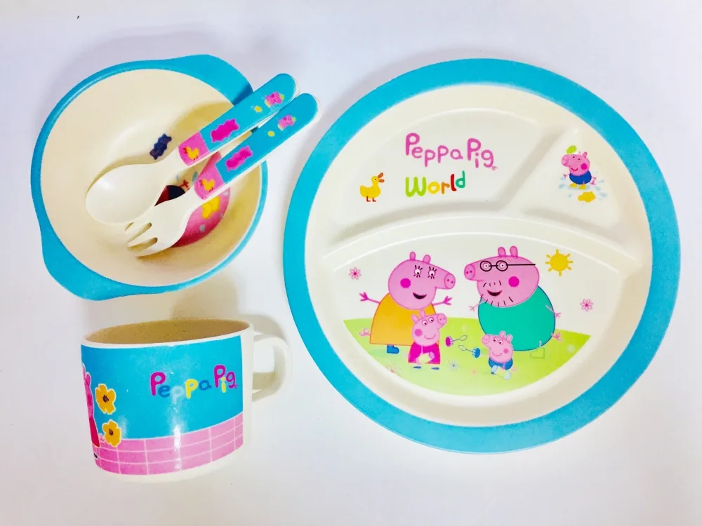 Набір бамбукового посуду Peppa Pig 5 предметів: тарілка, ложка, виделка, чашка 250 мл