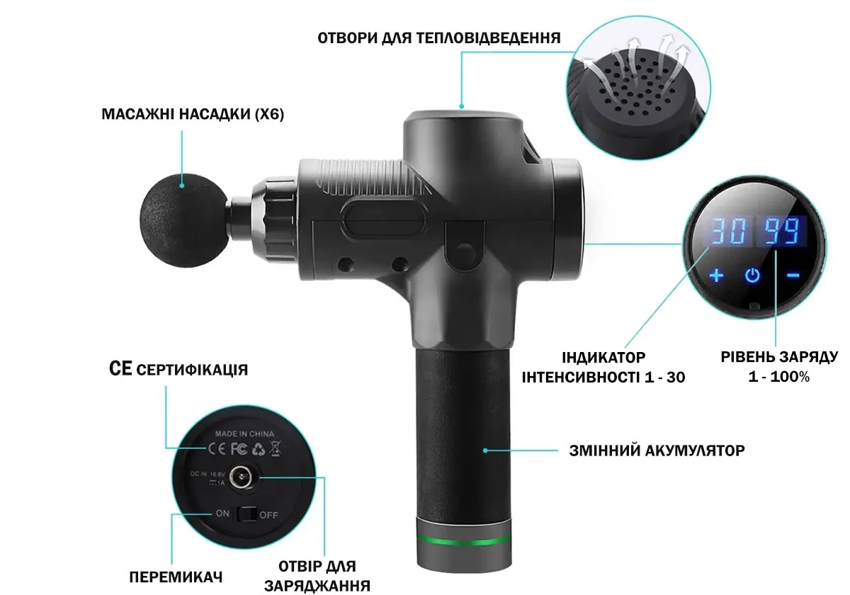 Масажний пістолет EasyFit літій-іонний 25х24х6,5 см чорний
