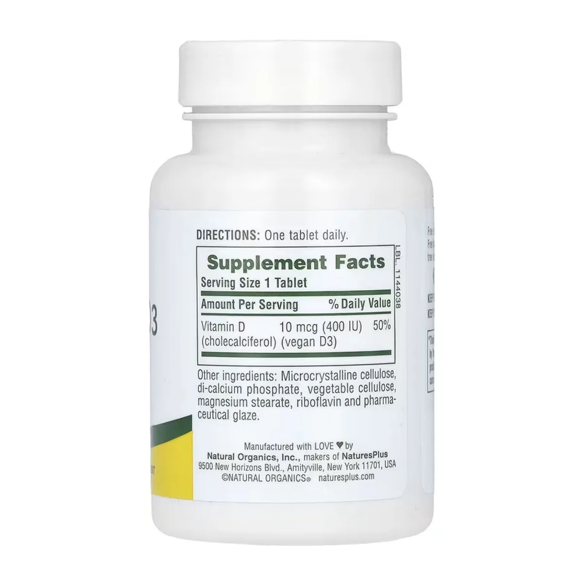 Вітамін D3 400IU Nature's Plus вегетаріанський 90 таблеток без глютену
