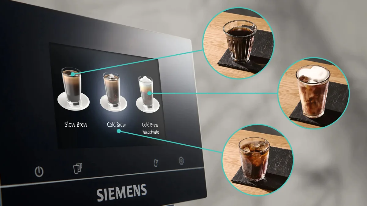 Кавоварка Siemens 2.4л, для зернової та меленої кави, автоматичний капучинатор, LED-дисплей, 20 авторських рецептів, чорна з срібл
