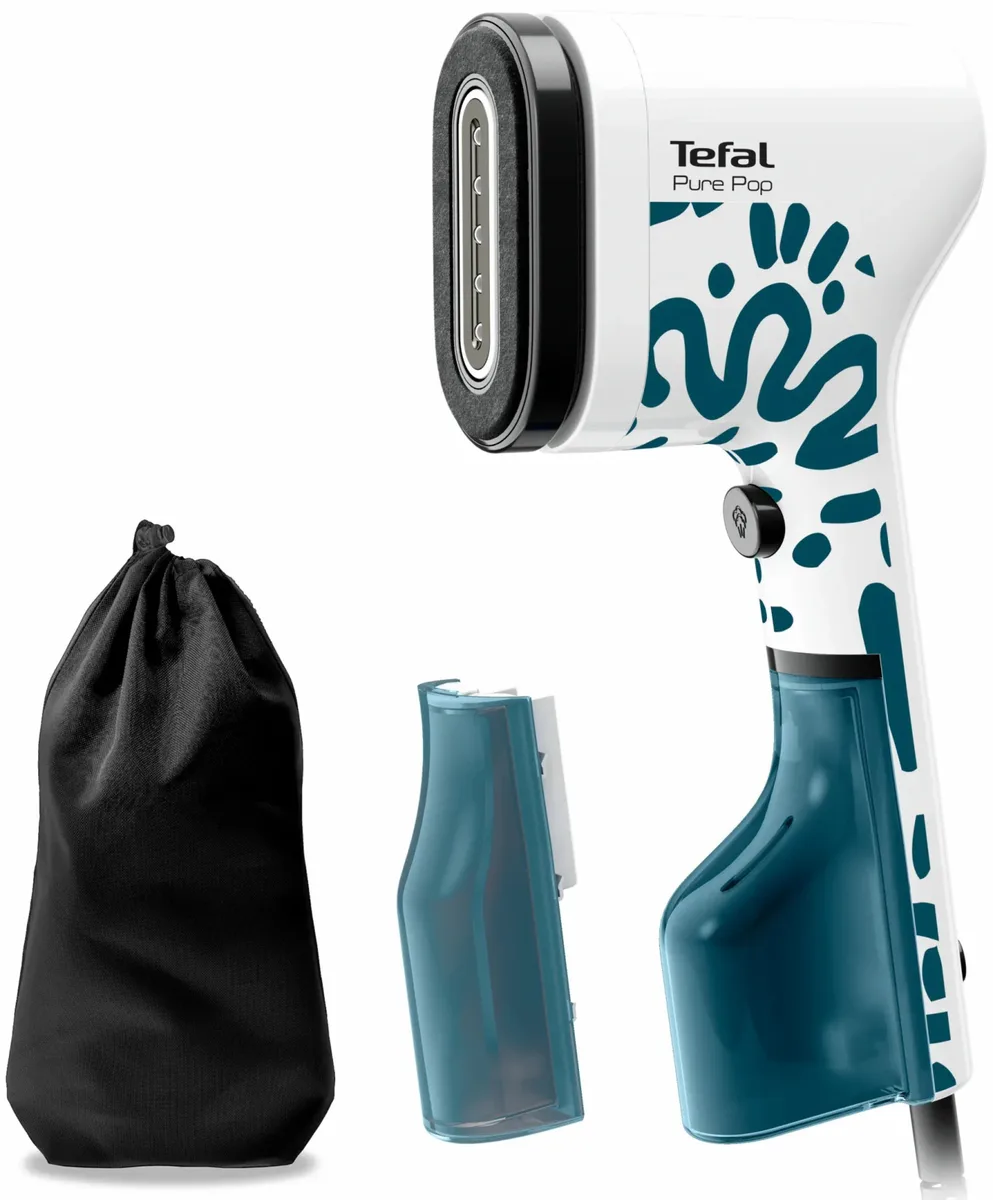 Відпарювач Tefal компактний Pure Pop для дому та подорожей, 1300Вт, 70мл, постійна подача пари - 20гр, біло-синій.