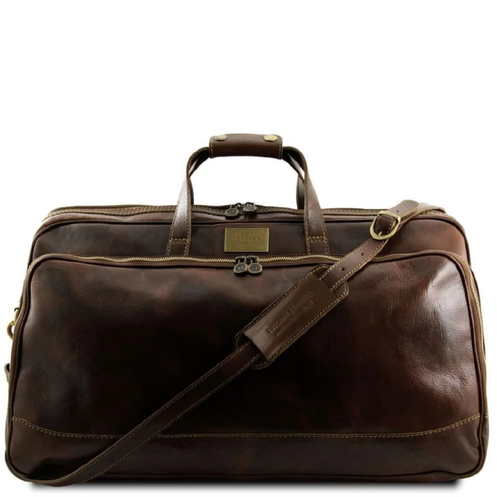 Кожна дорожня сумка на колесах Tuscany Leather велика темно-коричнева сумка для подорожей валізу на колесах.
