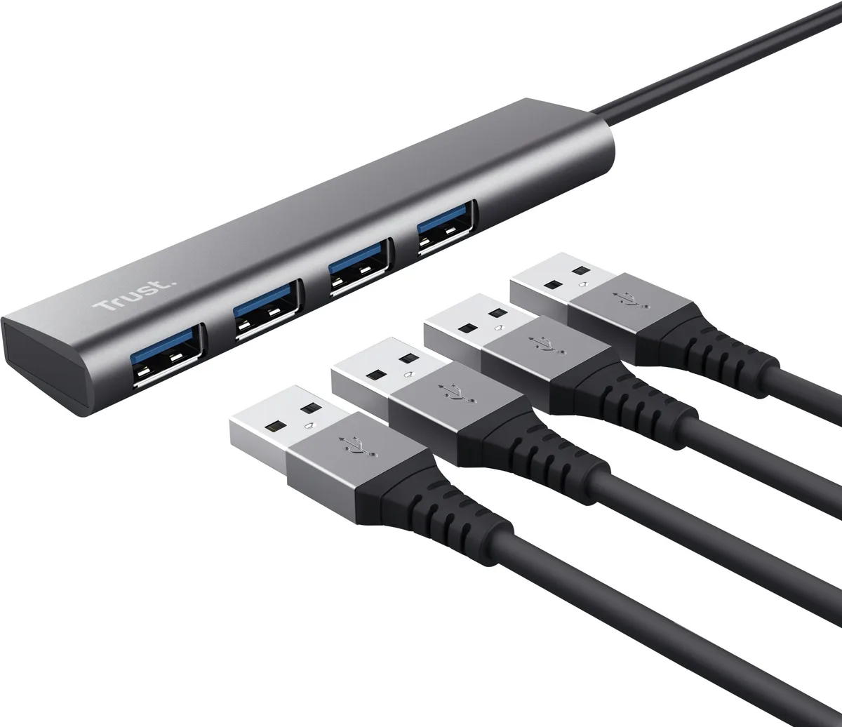 Хаб Trust Halyx USB-C > 4xUSB-A 3.2, Алюминий, 0.1м, Серый
