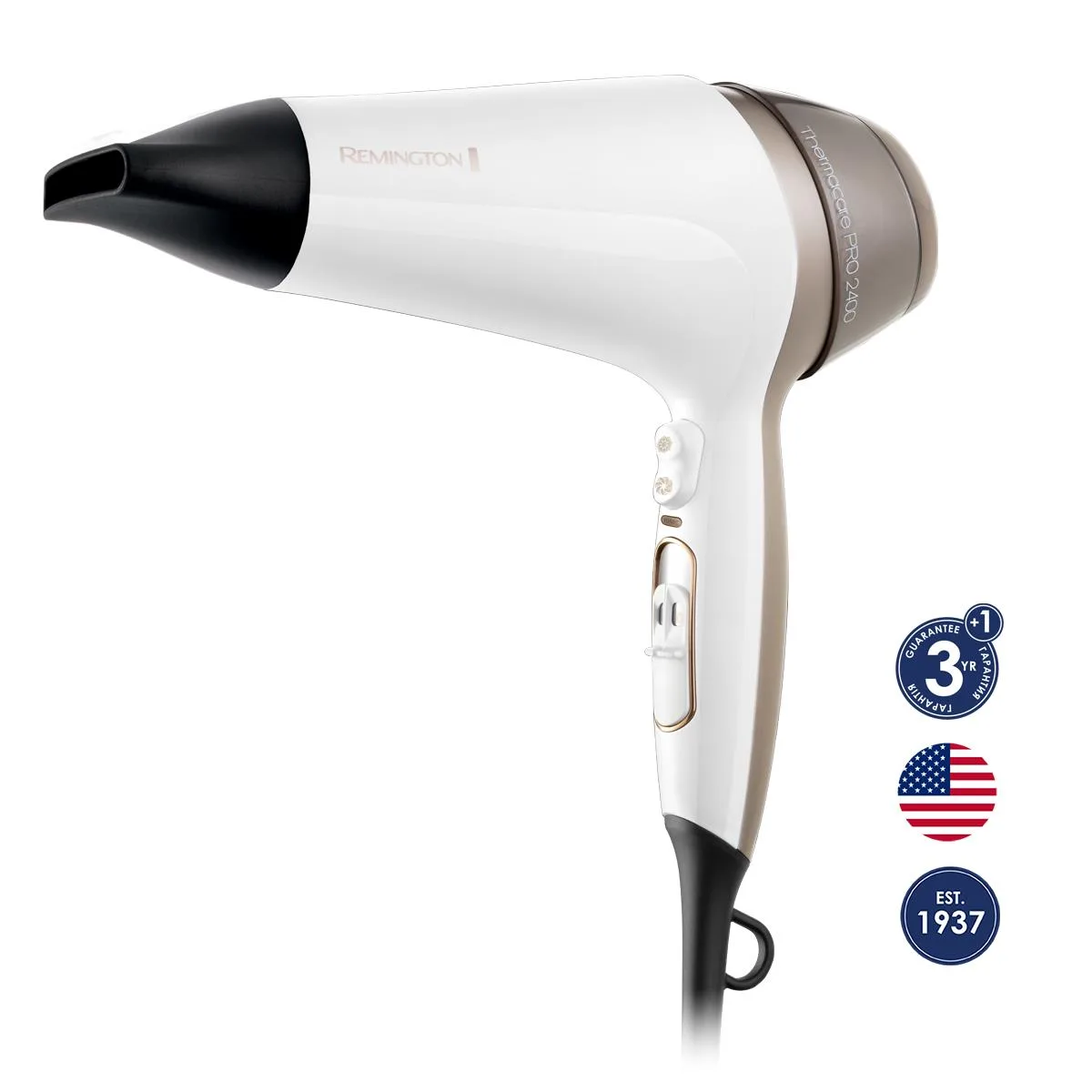 Фен Remington Thermacare Pro, 2200Вт, 3 скорости, диффузор, ионизация, холодный обдув, турбо-режим, бело-коричневый
