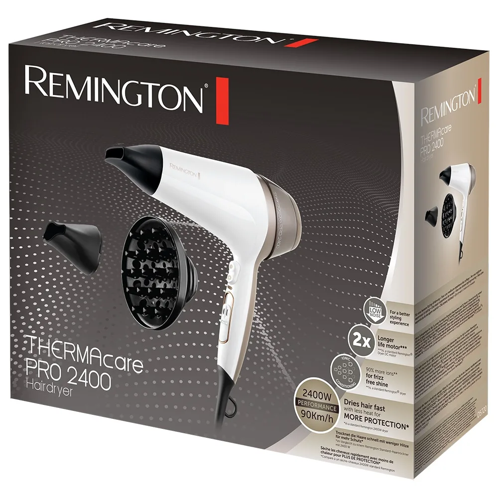 Фен Remington Thermacare Pro, 2200Вт, 3 скорости, диффузор, ионизация, холодный обдув, турбо-режим, бело-коричневый