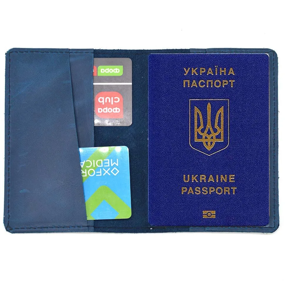 Кожаная обложка для паспорта TARWA синяя из лошадиной кожи для документов военный билет портмоне