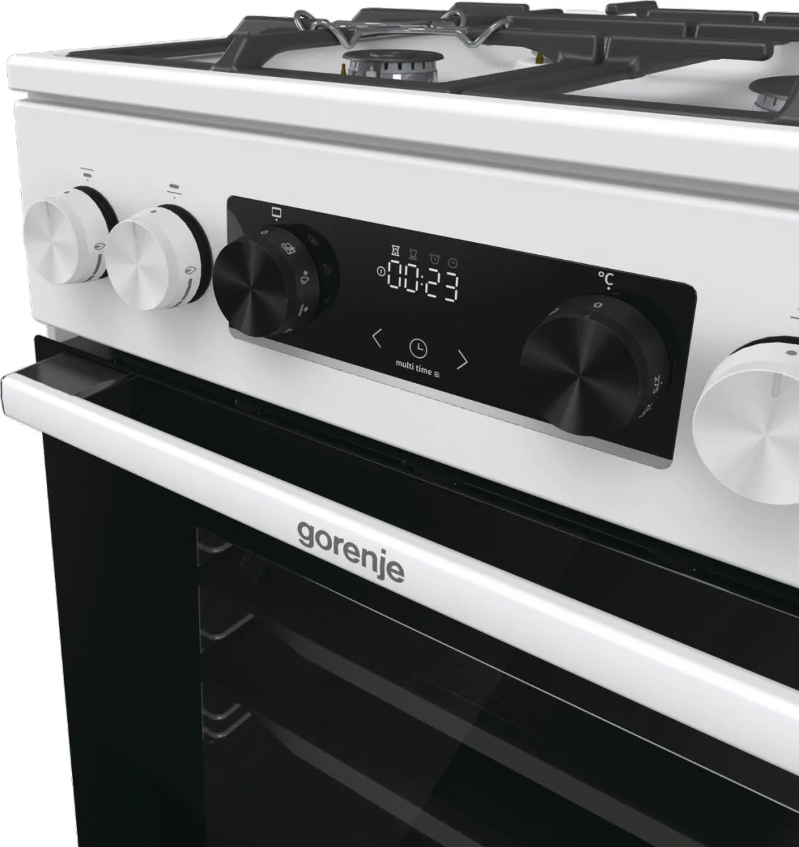 Комбінована плита Gorenje, 70л, 50x60см, з дисплеєм IconLed, чавунні решітки, біла.