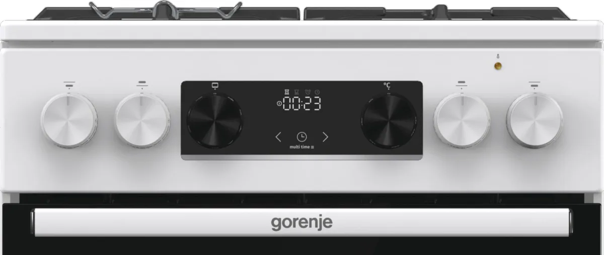 Комбінована плита Gorenje, 70л, 50x60см, з дисплеєм IconLed, чавунні решітки, біла.