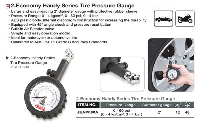Манометр шинний Toptul JEAP060A 0-60psi 0-4кг/см² метал чорний