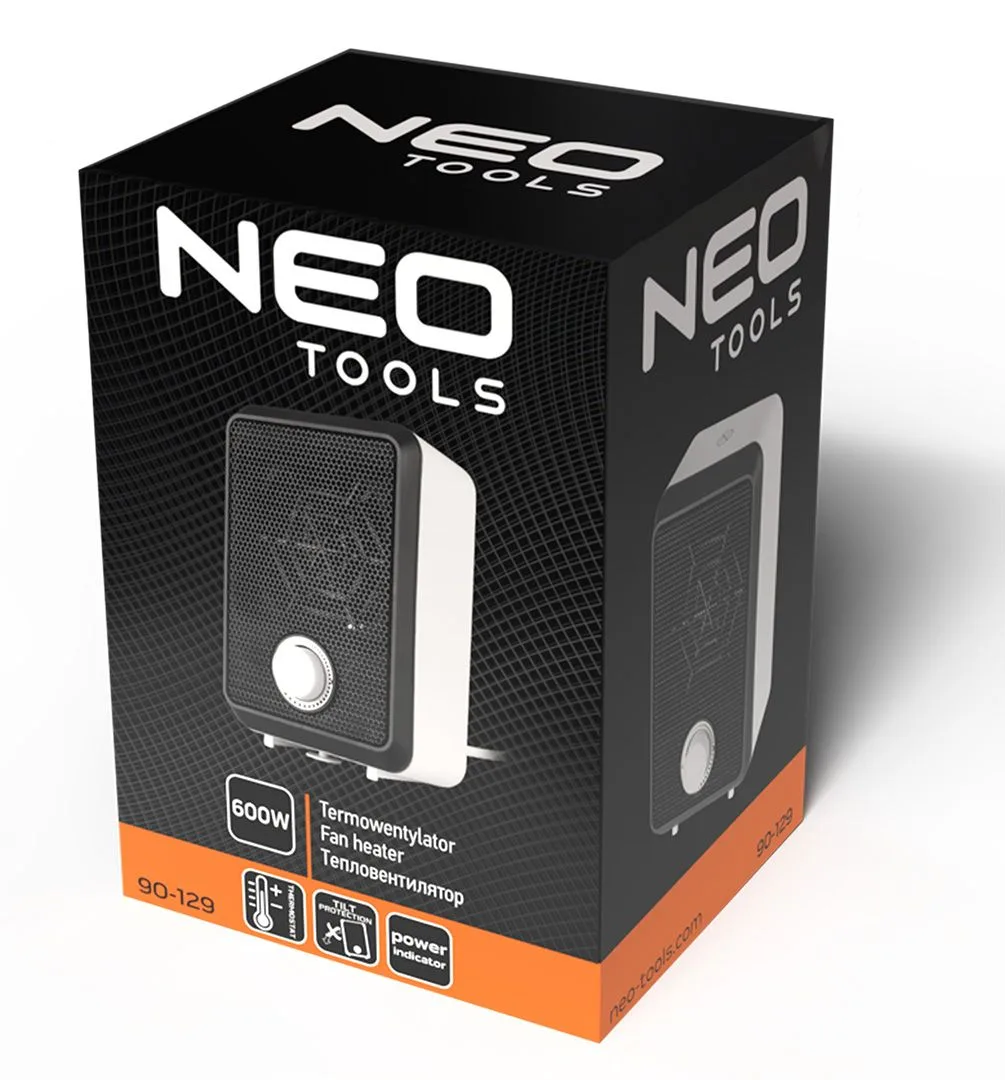 Электрический настольный тепловентилятор Neo Tools, 600 Вт, термостат, белый, вес 0,62 кг.